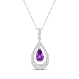 Pear-Shaped Amethyst & White Lab-Created Sapphire Teardrop Necklace Sterling Silver 18&quot;