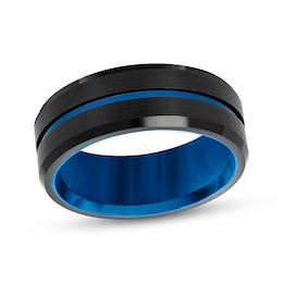 Now + Forever Men's Grooved Wedding Band Black & Blue Ion-Plated Tungsten Carbide 6mm