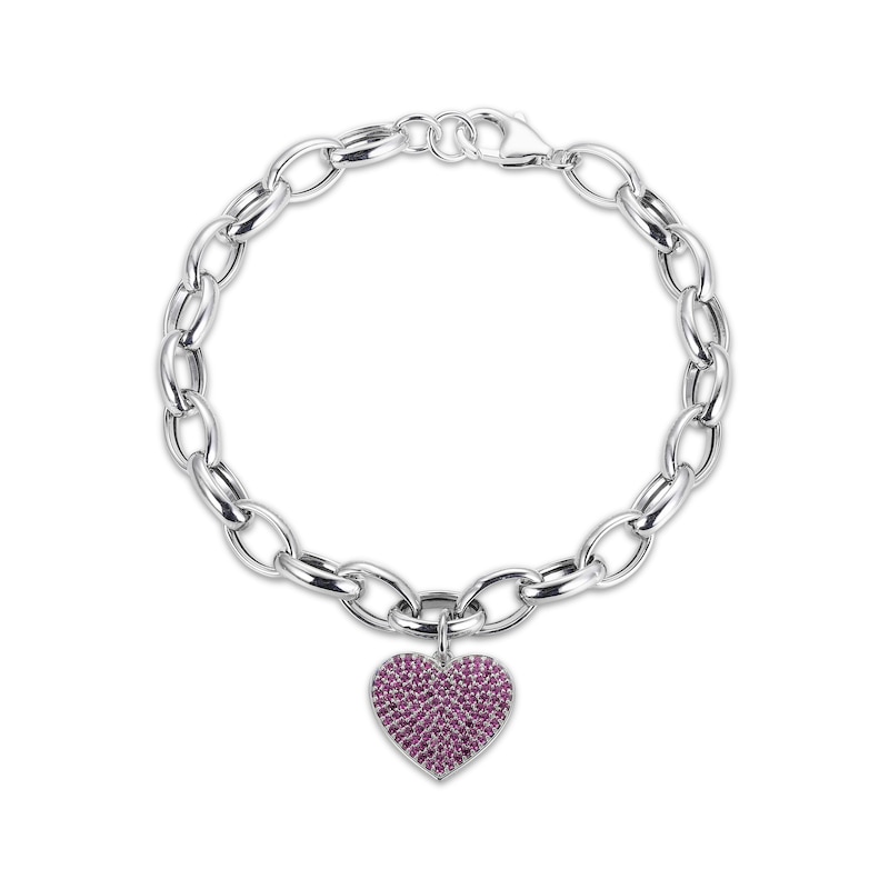 Round-Cut Lab-Created Ruby Heart Charm Bracelet Sterling Silver 7.25“