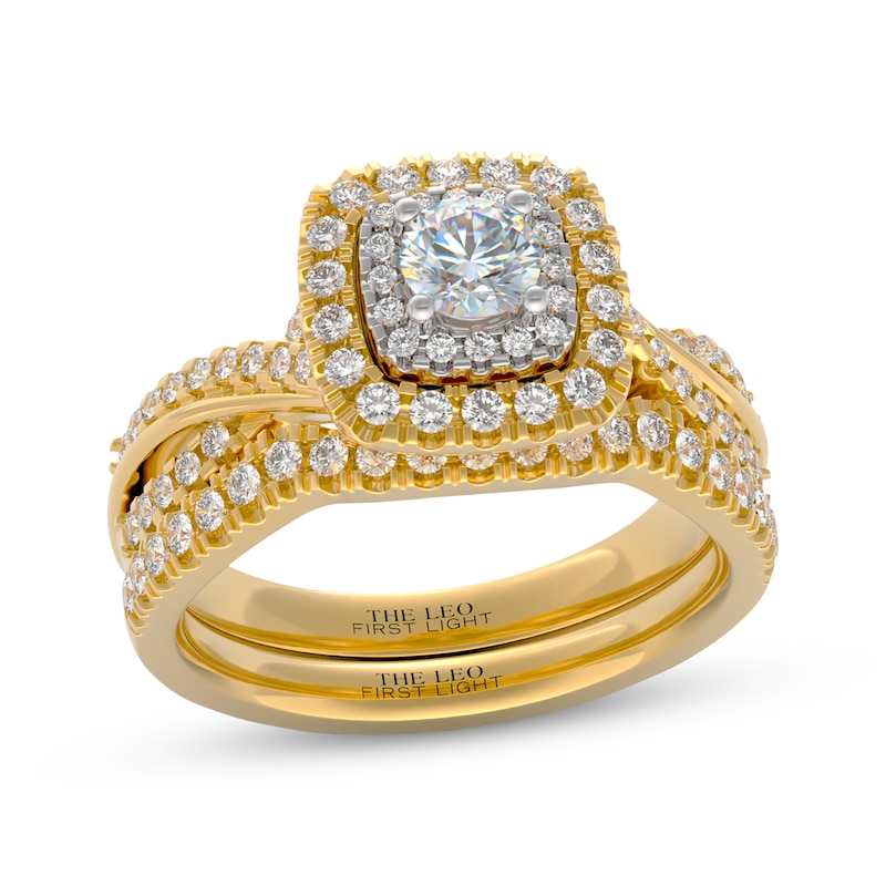 Main Image 1 of THE LEO First Light Diamond Round-Cut Cushion Double Halo Bridal Set 7/8 ct tw 14K Two-Tone Gold