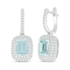 Thumbnail Image 1 of Cushion-Cut Aquamarine & White Lab-Created Sapphire Double Halo Dangle Hoop Earrings Sterling Silver