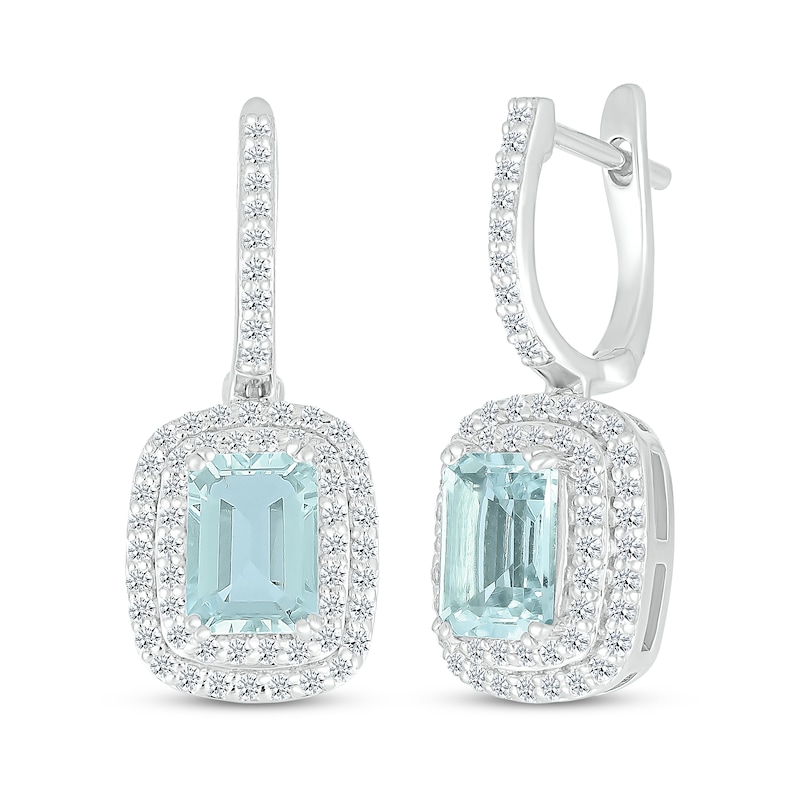 Main Image 1 of Cushion-Cut Aquamarine & White Lab-Created Sapphire Double Halo Dangle Hoop Earrings Sterling Silver