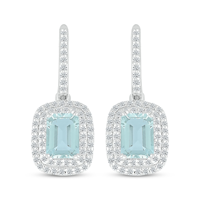 Main Image 2 of Cushion-Cut Aquamarine & White Lab-Created Sapphire Double Halo Dangle Hoop Earrings Sterling Silver