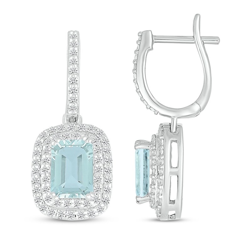 Main Image 3 of Cushion-Cut Aquamarine & White Lab-Created Sapphire Double Halo Dangle Hoop Earrings Sterling Silver