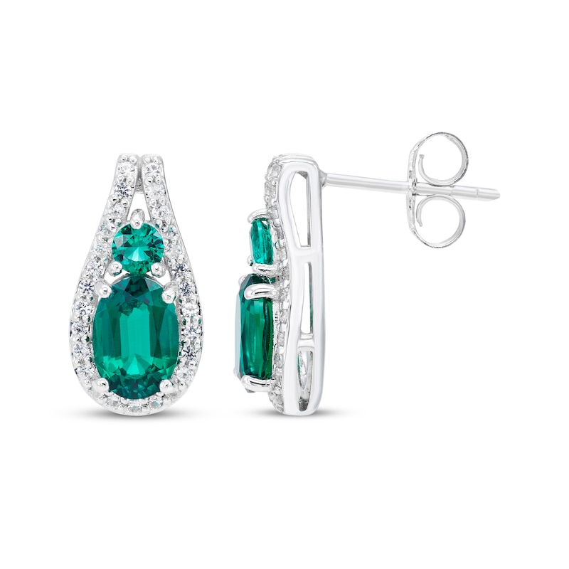 Main Image 3 of Oval & Round-Cut Lab-Created Emerald, White Lab-Created Sapphire Earrings Sterling Silver