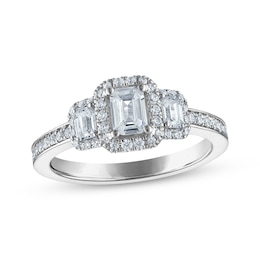 Certified Emerald-Cut Diamond Three-Stone Halo Engagement Ring 1 ct tw Platinum