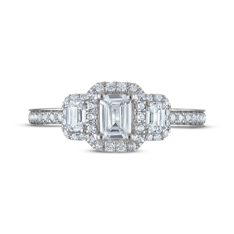 Main Image 3 of Now + Forever Certified Emerald-Cut Diamond Three-Stone Halo Engagement Ring 1 ct tw Platinum