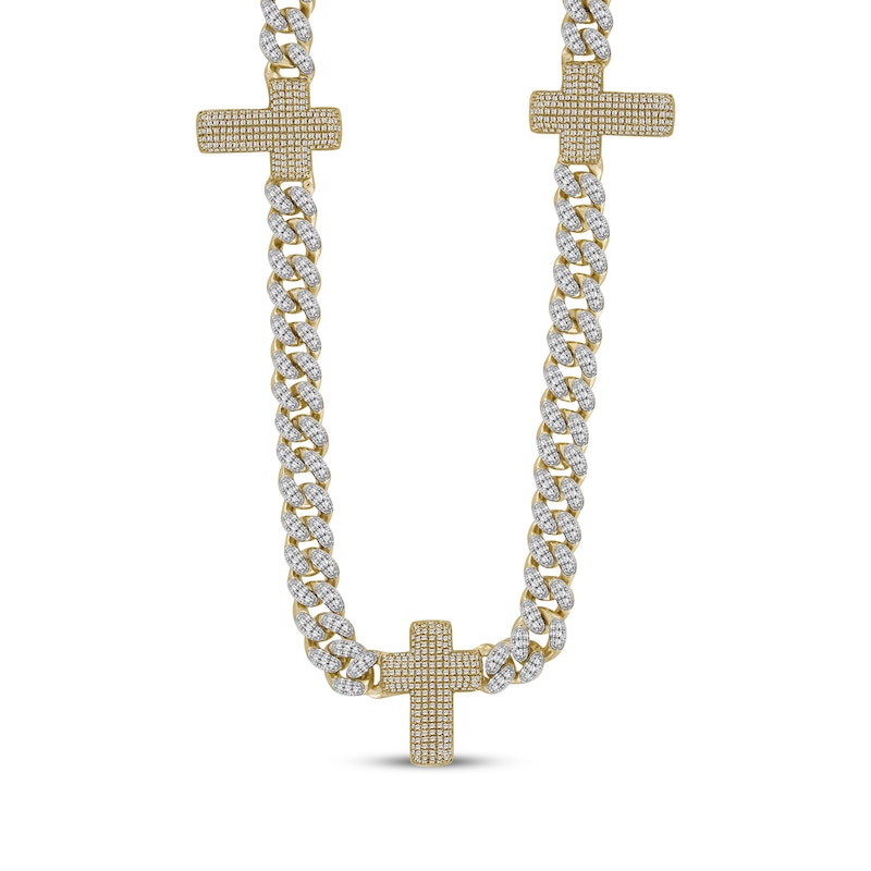 Main Image 1 of Men's Diamond Cross Station Curb Chain Necklace 3 ct tw 10K Yellow Gold 20&quot;