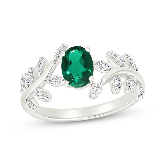 Oval-Cut Lab-Created Emerald & White Lab-Created Sapphire Leaf Ring Sterling Silver