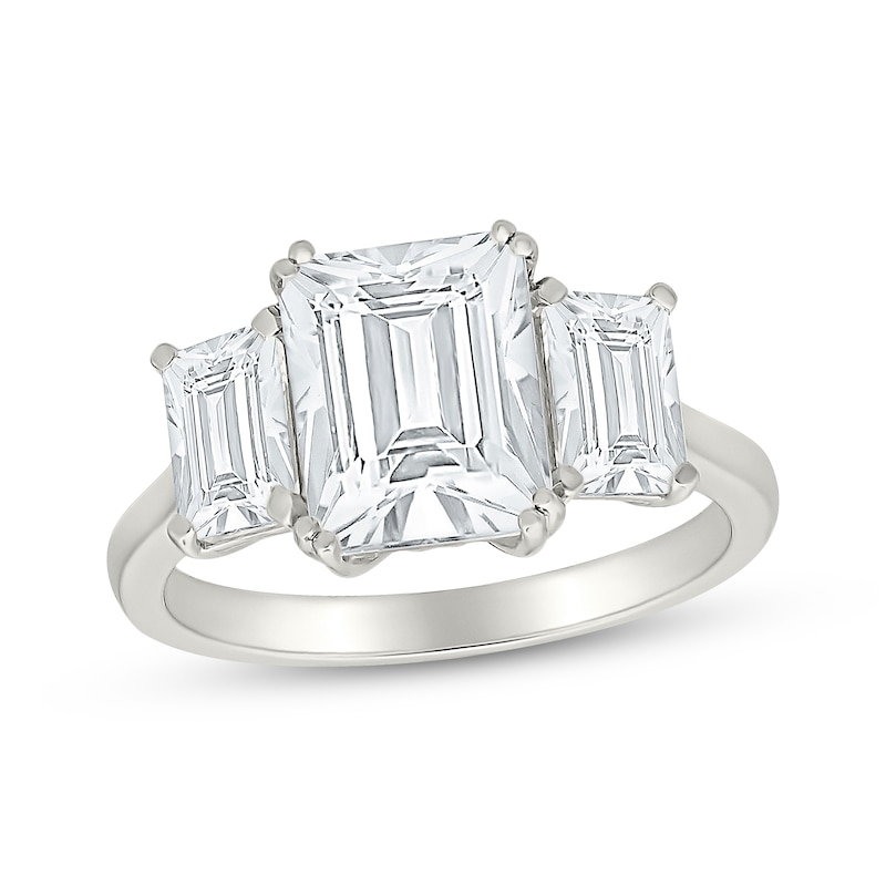 Main Image 1 of Emerald-Cut Three-Stone White Lab-Created Sapphire Ring Sterling Silver