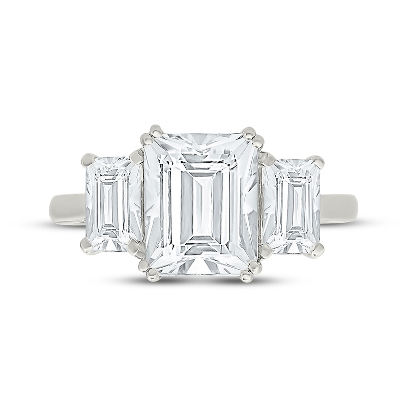 Main Image 4 of Emerald-Cut Three-Stone White Lab-Created Sapphire Ring Sterling Silver