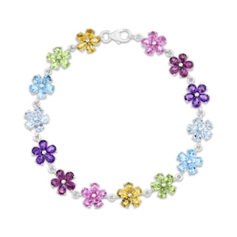 Pear-Shaped Natural & Lab-Created Gemstone Multicolor Flower Bracelet Sterling Silver 7.25"