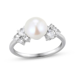 Cultured Pearl & White Lab-Created Sapphire Ring Sterling Silver