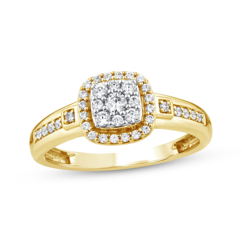 Main Image 1 of Multi-Diamond Cushion Halo Engagement Ring 1/3 ct tw 10K Yellow Gold