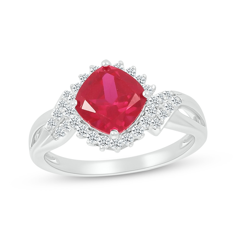 Main Image 1 of Cushion-Cut Lab-Created Ruby & White Lab-Created Sapphire Ring Sterling Silver