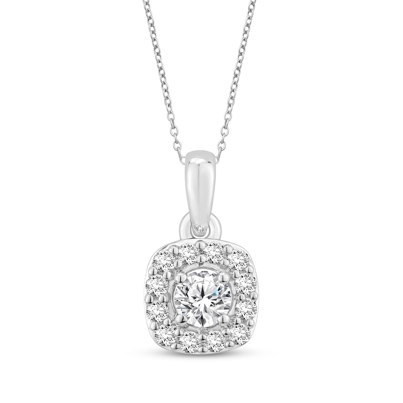 Main Image 1 of Diamond Cushion-Shaped Halo Necklace 1/2 ct tw 10K White Gold 18&quot;