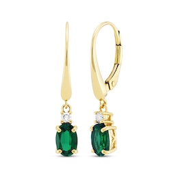 Oval-Cut Lab-Created Emerald & Diamond Dangle Earrings 10K Yellow Gold