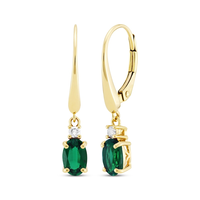 Main Image 1 of Oval-Cut Lab-Created Emerald & Diamond Dangle Earrings 10K Yellow Gold