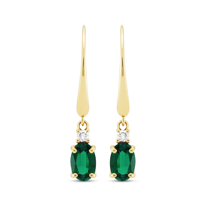 Oval-Cut Lab-Created Emerald & Diamond Dangle Earrings 10K Yellow Gold