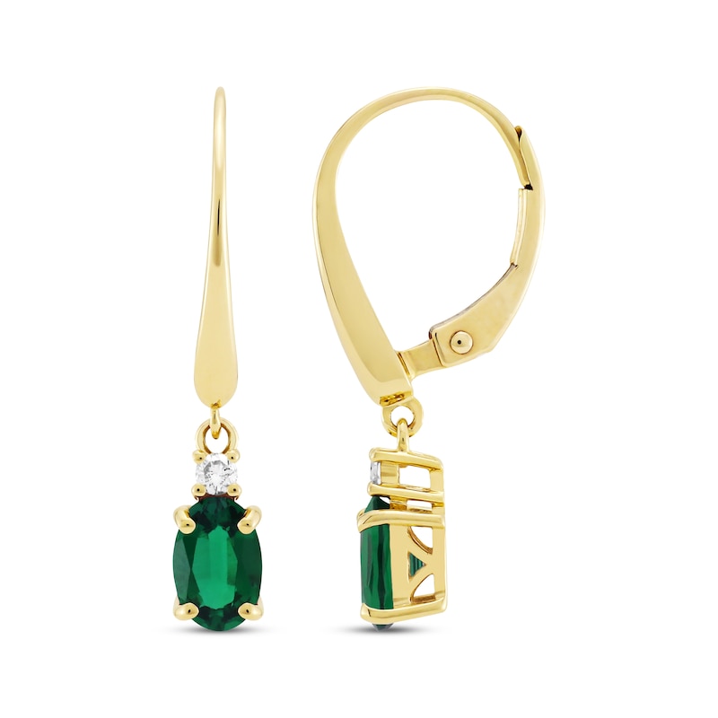 Oval-Cut Lab-Created Emerald & Diamond Dangle Earrings 10K Yellow Gold