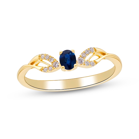 Oval-Cut Natural Blue Sapphire & Diamond Curved Shank Ring 1/20 ct tw 10K Yellow Gold