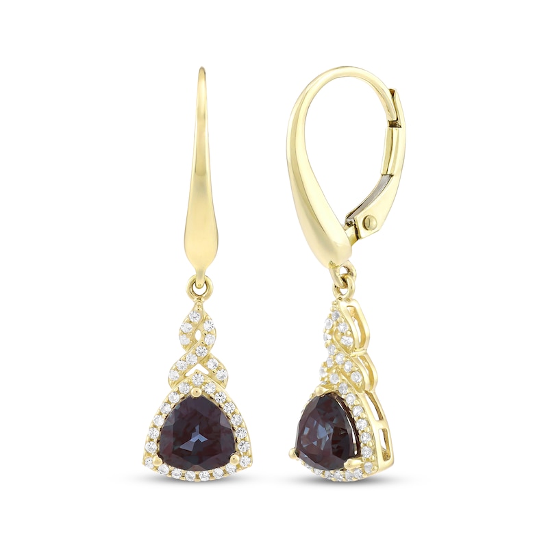 Main Image 1 of Trillion-Cut Lab-Created Alexandrite & White Lab-Created Sapphire Drop Earrings 10K Yellow Gold