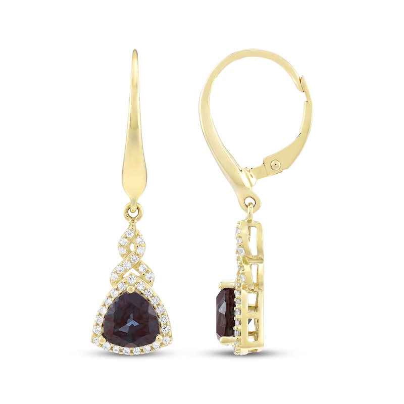 Main Image 3 of Trillion-Cut Lab-Created Alexandrite & White Lab-Created Sapphire Drop Earrings 10K Yellow Gold