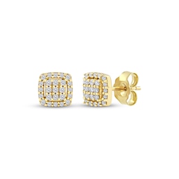 Multi-Diamond Cushion Halo Stud Earrings 1/5 ct tw 10K Yellow Gold