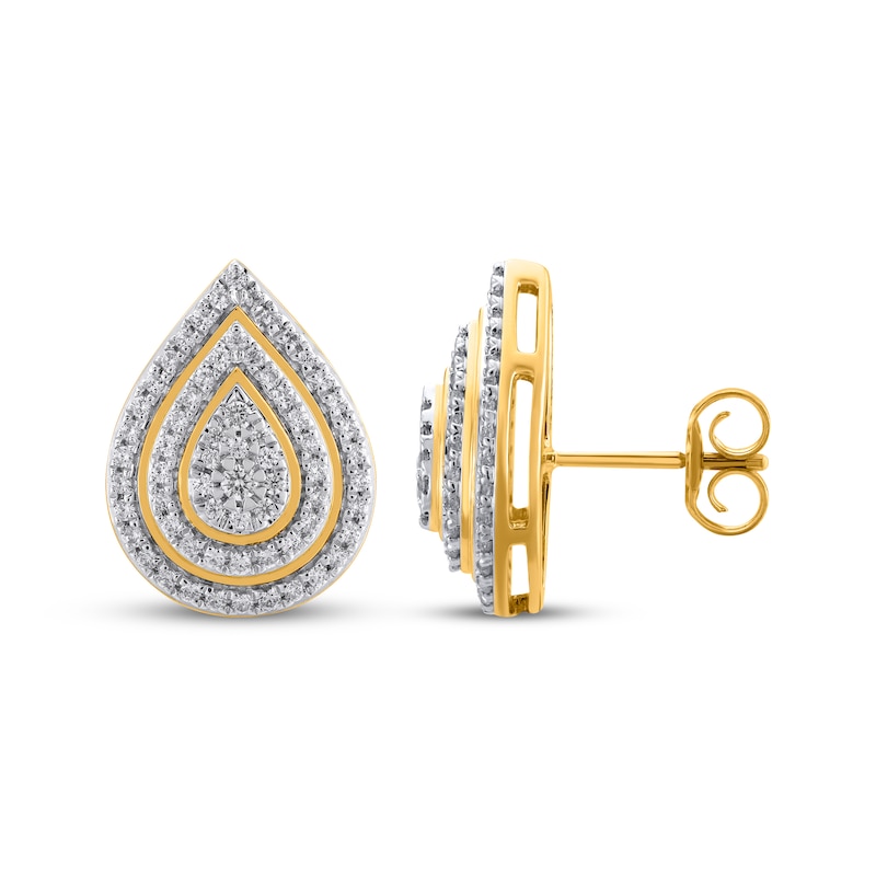 Main Image 3 of Multi-Diamond Teardrop Double Frame Stud Earrings 1/2 ct tw 10K Yellow Gold