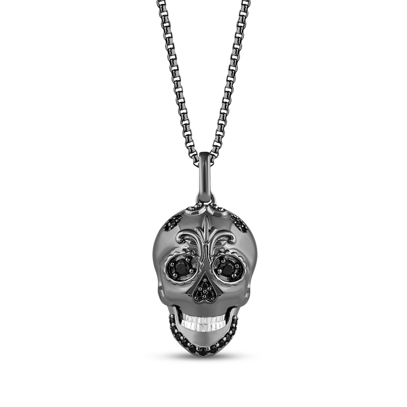 Main Image 1 of Ink & Ice Black Onyx & Black Diamond Sugar Skull Necklace 1/15 ct tw Black Rhodium-Plated Sterling Silver 18&quot;