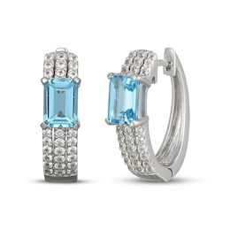 Emerald-Cut Swiss Blue Topaz & White Lab-Created Sapphire Huggie Hoop Earrings Sterling Silver