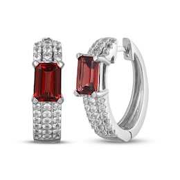 Emerald-Cut Garnet & White Lab-Created Sapphire Huggie Hoop Earrings Sterling Silver