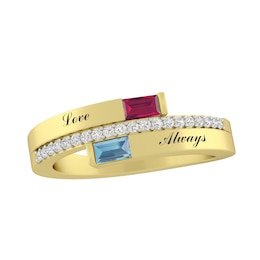 East West Baguette Birthstone Bypass Couple's Ring (2 Stones and Lines)