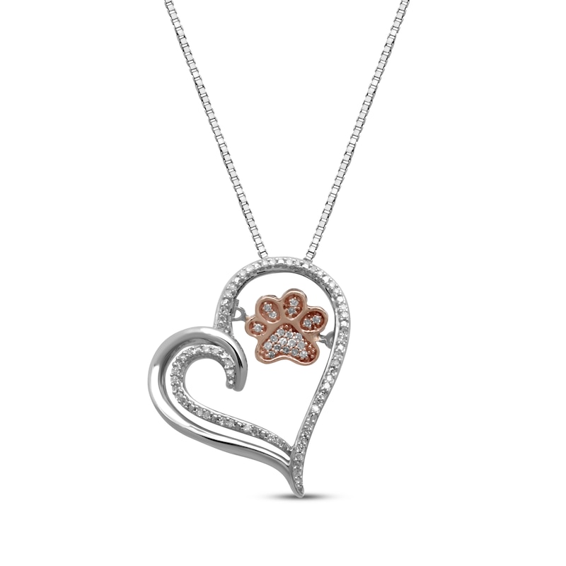 Diamond Tilted Heart Paw Print Necklace 1/10 ct tw Sterling Silver & 10K Rose Gold