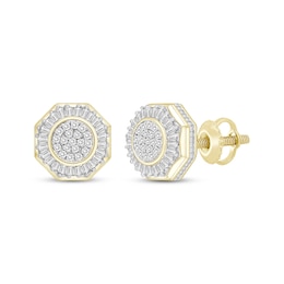 Men's Baguette & Round-Cut Diamond Octagon Stud Earrings 1/3 ct tw 10K Yellow Gold