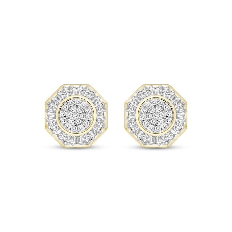 Men's Baguette & Round-Cut Diamond Octagon Stud Earrings 1/3 ct tw 10K Yellow Gold