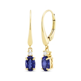 Oval-Cut Blue Lab-Created Sapphire & Diamond Dangle Earrings 10K Yellow Gold