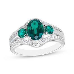 Oval & Round-Cut Lab-Created Emerald, White Lab-Created Sapphire Ring Sterling Silver