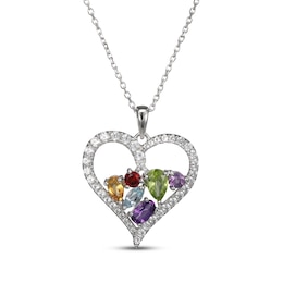 Citrine, Garnet, Amethyst, Peridot, Sky Blue Topaz & White Lab-Created Sapphire Heart Necklace Sterling Silver 18"