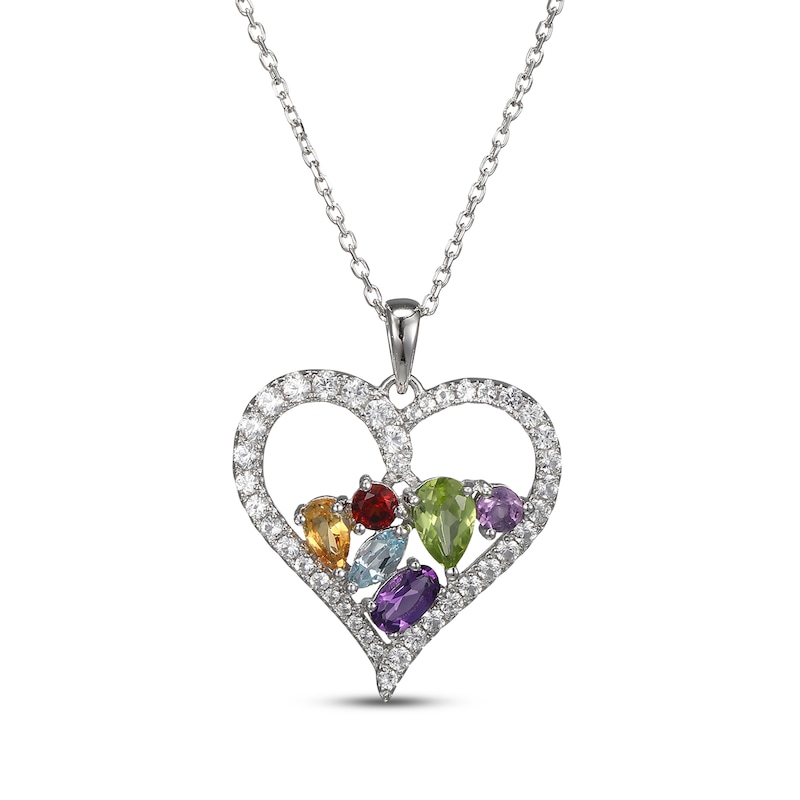 Main Image 1 of Citrine, Garnet, Amethyst, Peridot, Sky Blue Topaz & White Lab-Created Sapphire Heart Necklace Sterling Silver 18&quot;