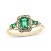 Thumbnail Image 1 of Emerald-Cut Natural Emerald & Diamond Halo Three-Stone Ring 1/5 ct tw 10K Yellow Gold