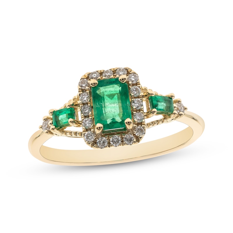 Main Image 1 of Emerald-Cut Natural Emerald & Diamond Halo Three-Stone Ring 1/5 ct tw 10K Yellow Gold