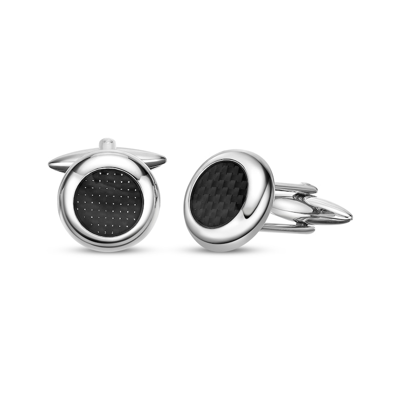 Black Carbon Fiber Circular Cufflinks Stainless Steel