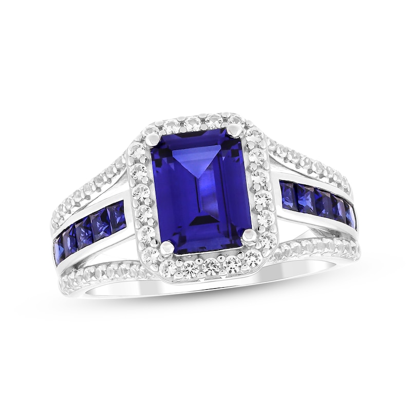 Emerald-Cut Blue Lab-Created Sapphire & White Lab-Created Sapphire Ring Sterling Silver