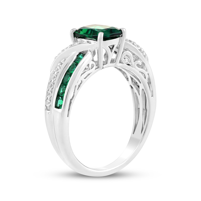 Main Image 2 of Cushion-Cut Lab-Created Emerald & White Lab-Created Sapphire Bypass Ring Sterling Silver