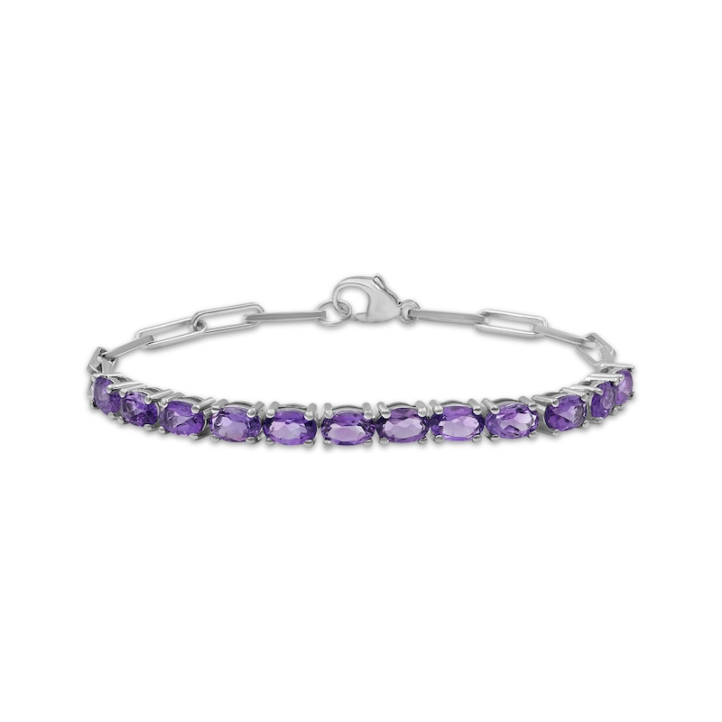 Main Image 1 of Oval-Cut Amethyst Paperclip Chain Bracelet Sterling Silver 7.5&quot;