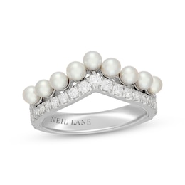 Neil Lane Cultured Akoya Pearl & Diamond Chevron Anniversary Ring 1/2 ct tw 14K White Gold