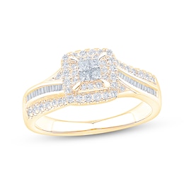 Now + Forever Princess-Cut Quad Diamond Double Halo Engagement Ring 1/2 ct tw 10K Yellow Gold