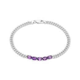 Oval-Cut Amethyst Curb Chain Bracelet Sterling Silver 6.75&quot;