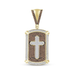 Men's Brown & White Diamond Cross Dog Tag Charm 3/4 ct tw 10K Yellow Gold